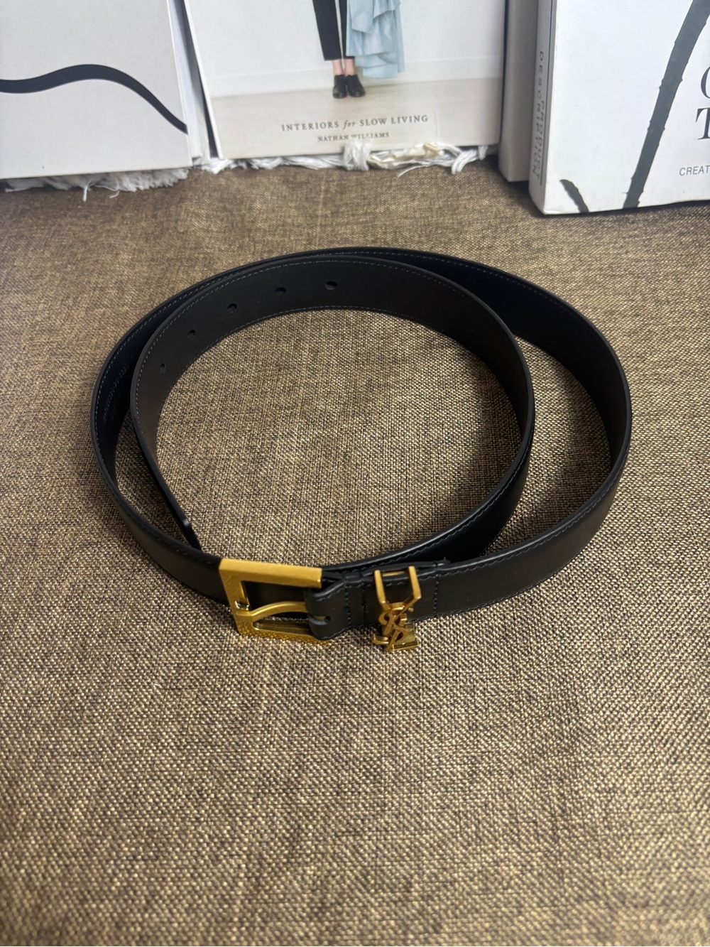 💕Saint Laurent Black Leather Belt with Gold Buckle and YSL Charm